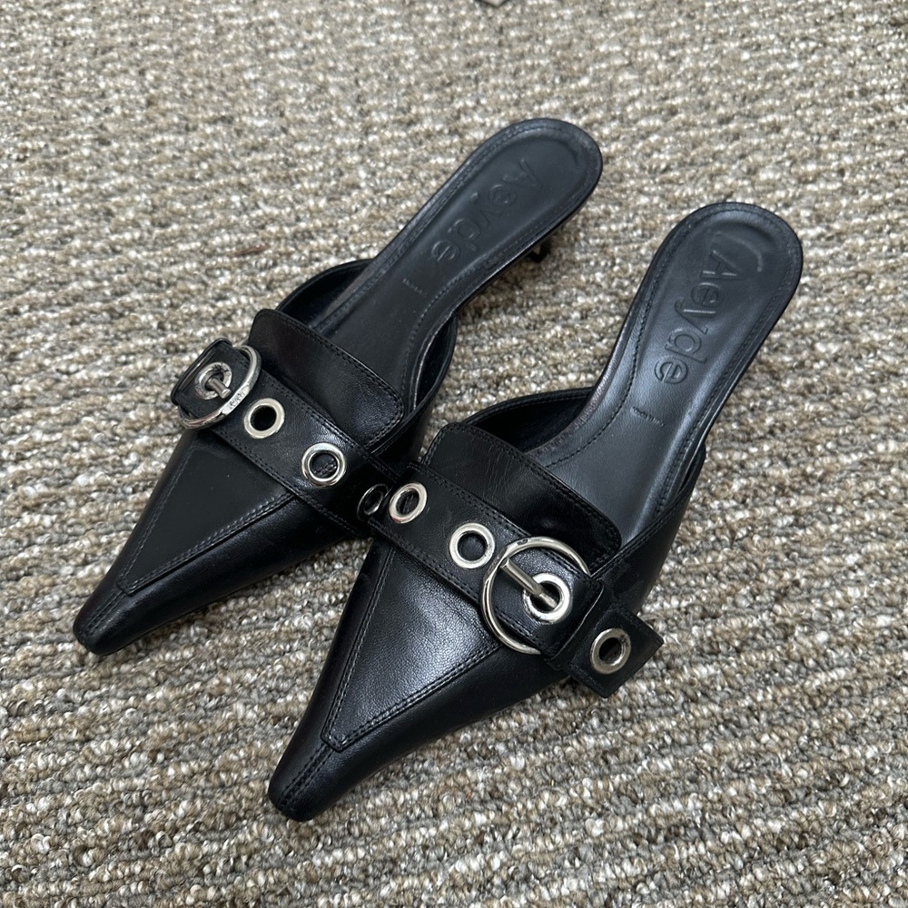 Aeyde Danielle Leather Kitten Mule Pumps Black Leather Mules with Silver Buckle